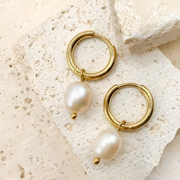 After Dark Pearl Hoop Earrings flat lay - waterproof anti-tarnish freshwater pearl gold hoop earrings Australia - EVER Jewellery