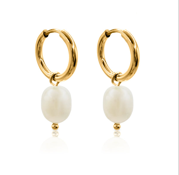 After Dark Pearl Hoop Earrings - waterproof gold hoop earrings with freshwater pearl drop - EVER Jewellery Australia
