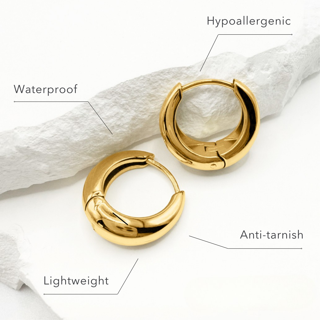 Gold hoop earrings on a white background with text labels indicating features.