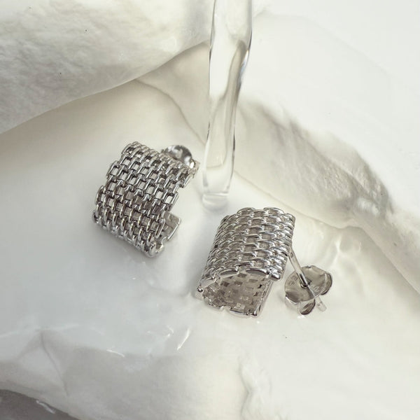 Broadway Silver Hoop Earrings mesh texture detail - waterproof rhodium plated sterling silver hoops - EVER Jewellery