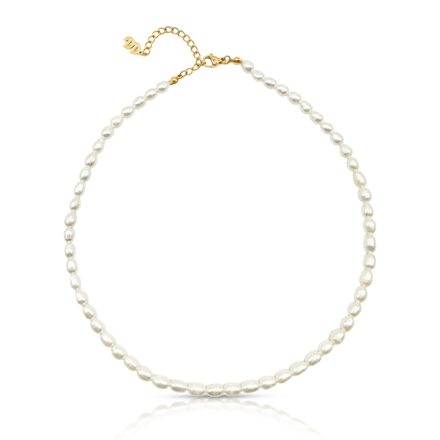 Pearl necklace with gold clasp on a white background
