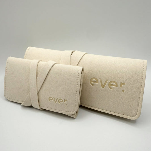 Two beige pouches with 'ever' branding on a grey background