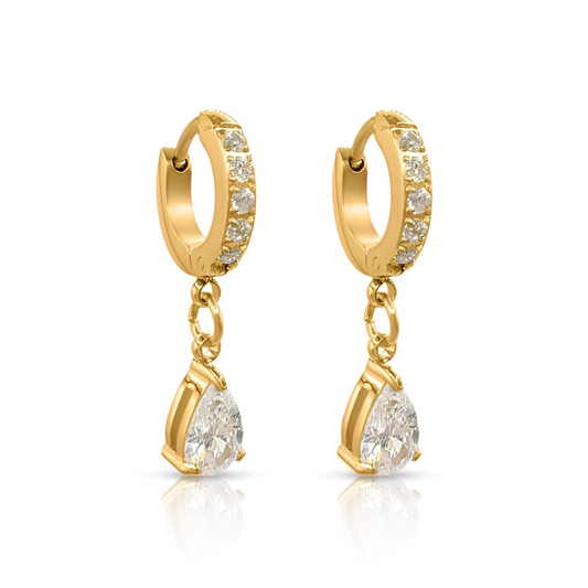 Gold hoop earrings with teardrop-shaped diamonds on a white background