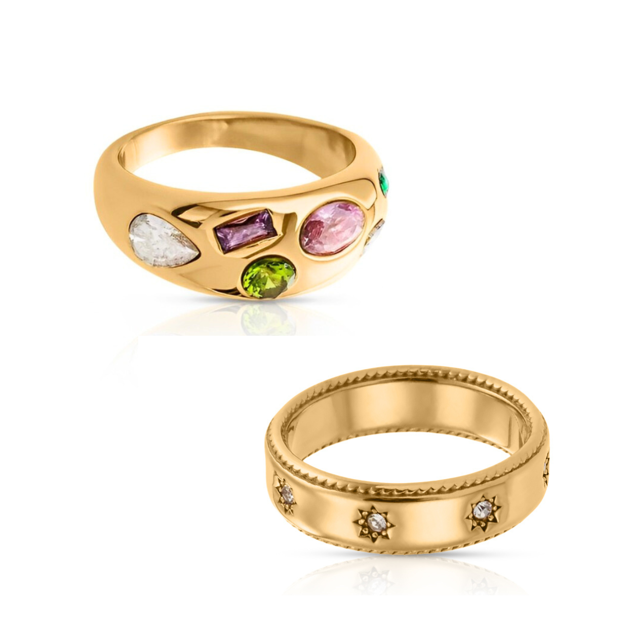 Two gold rings with colorful gemstones on a white background. Grace and Twilight Rings