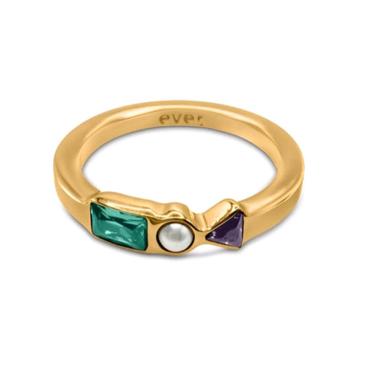 Gold ring with green, white, and purple gemstones on a white background