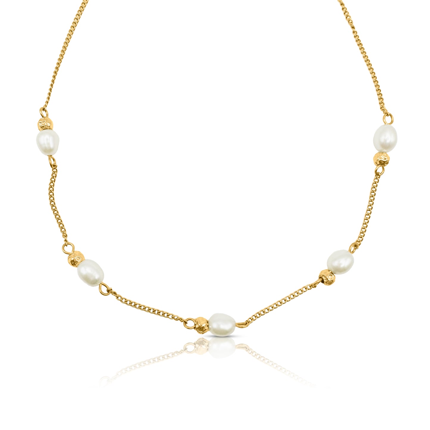 Gold necklace with pearls on a white background