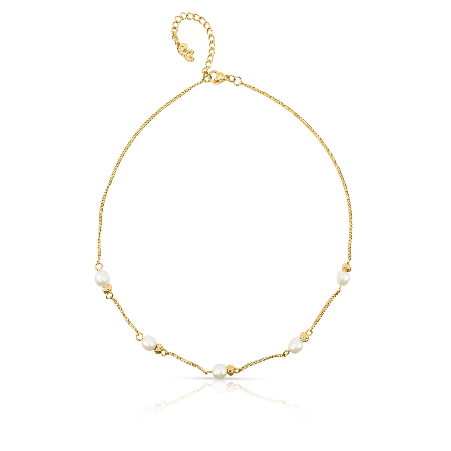 Gold necklace with pearls on a white background