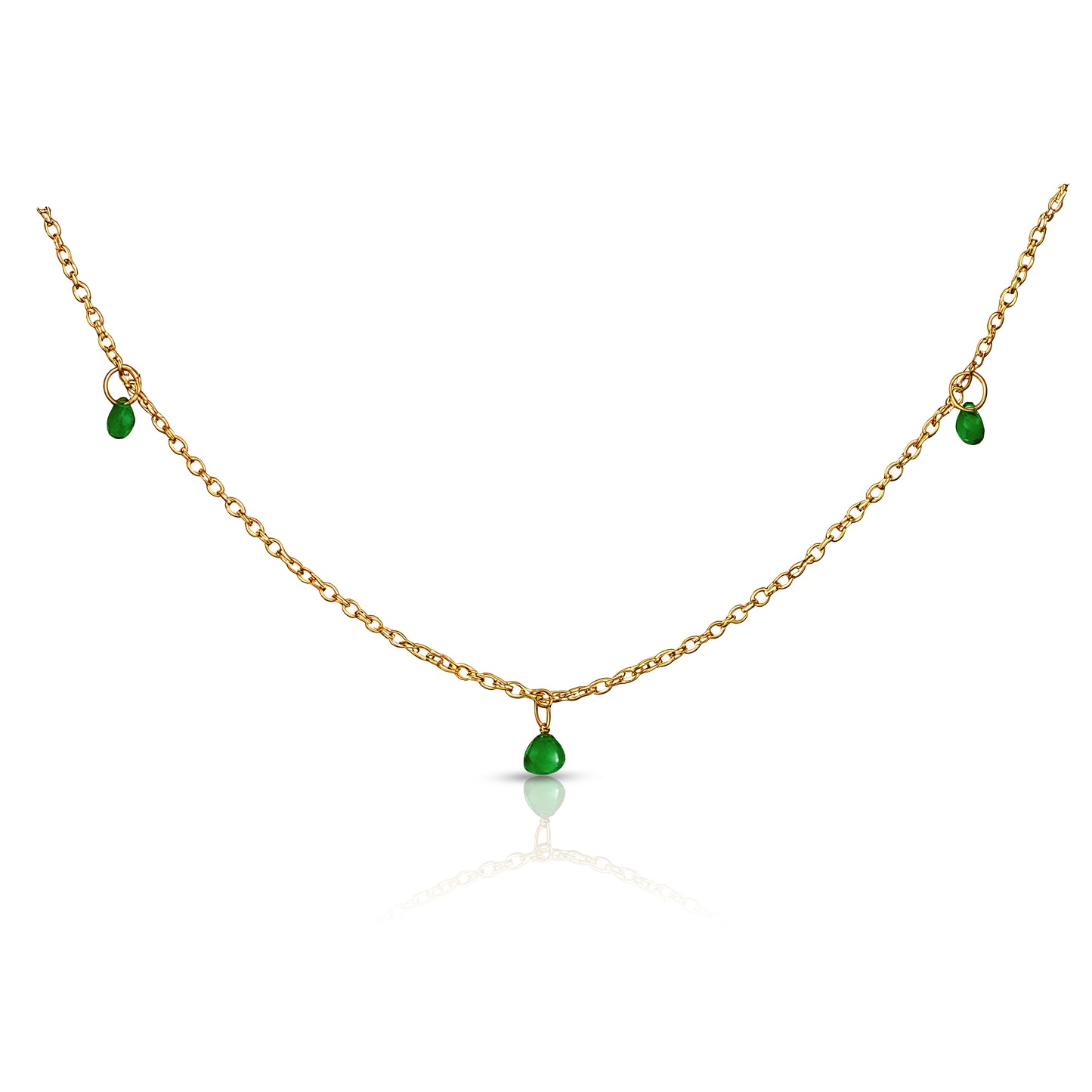 Off Duty Emerald Necklace – gold waterproof chain with five green gem drops on white background