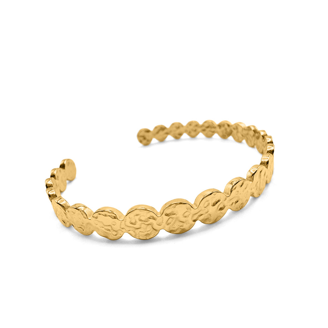 Gold bracelet with textured design on a white background