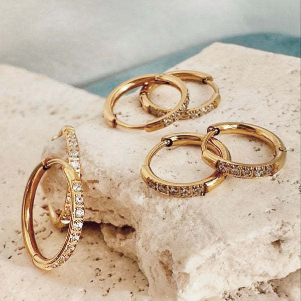 Everyday Gold Stack detail - waterproof 18k gold plated stainless steel necklace and huggies - EVER Jewellery