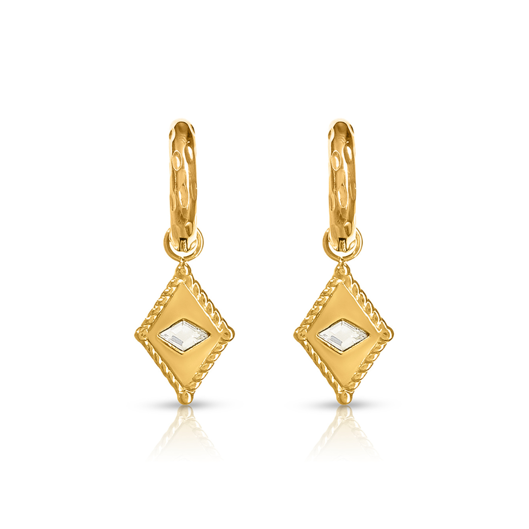 Arena Huggie Earrings – pair of gold huggie earrings with diamond charms, front angle