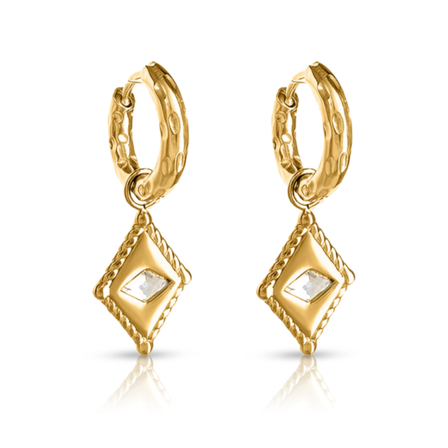 Arena Huggie Earrings – gold huggie earrings with diamond-shaped textured charm on white background