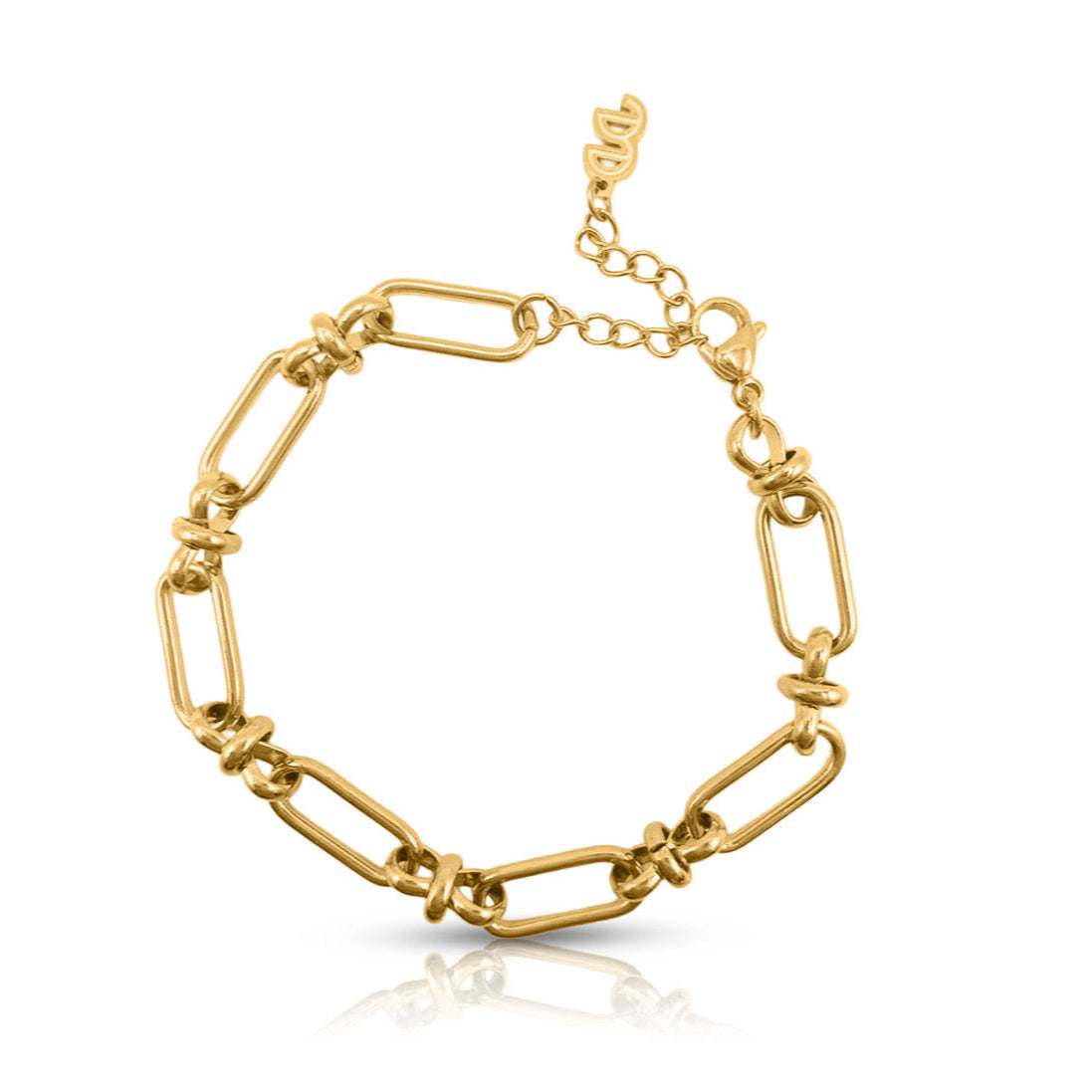 EVER Jewellery gold link chain bracelet with elongated oval links and knot details, displayed on a white background.