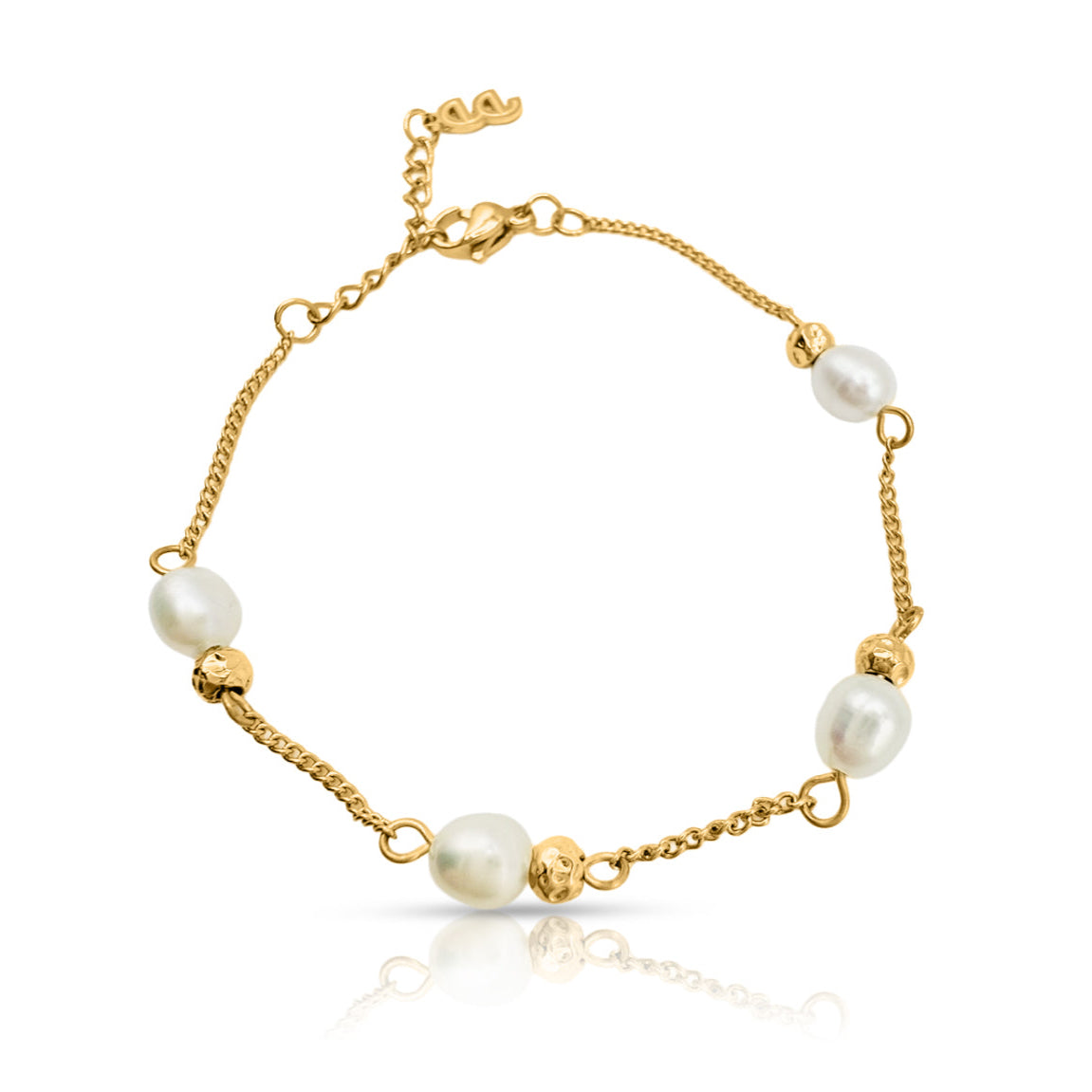 EVER Off Court Pearl Bracelet in gold-plated stainless steel with fine twist chain, four freshwater pearl beads and hammered gold accents, displayed on a white background.