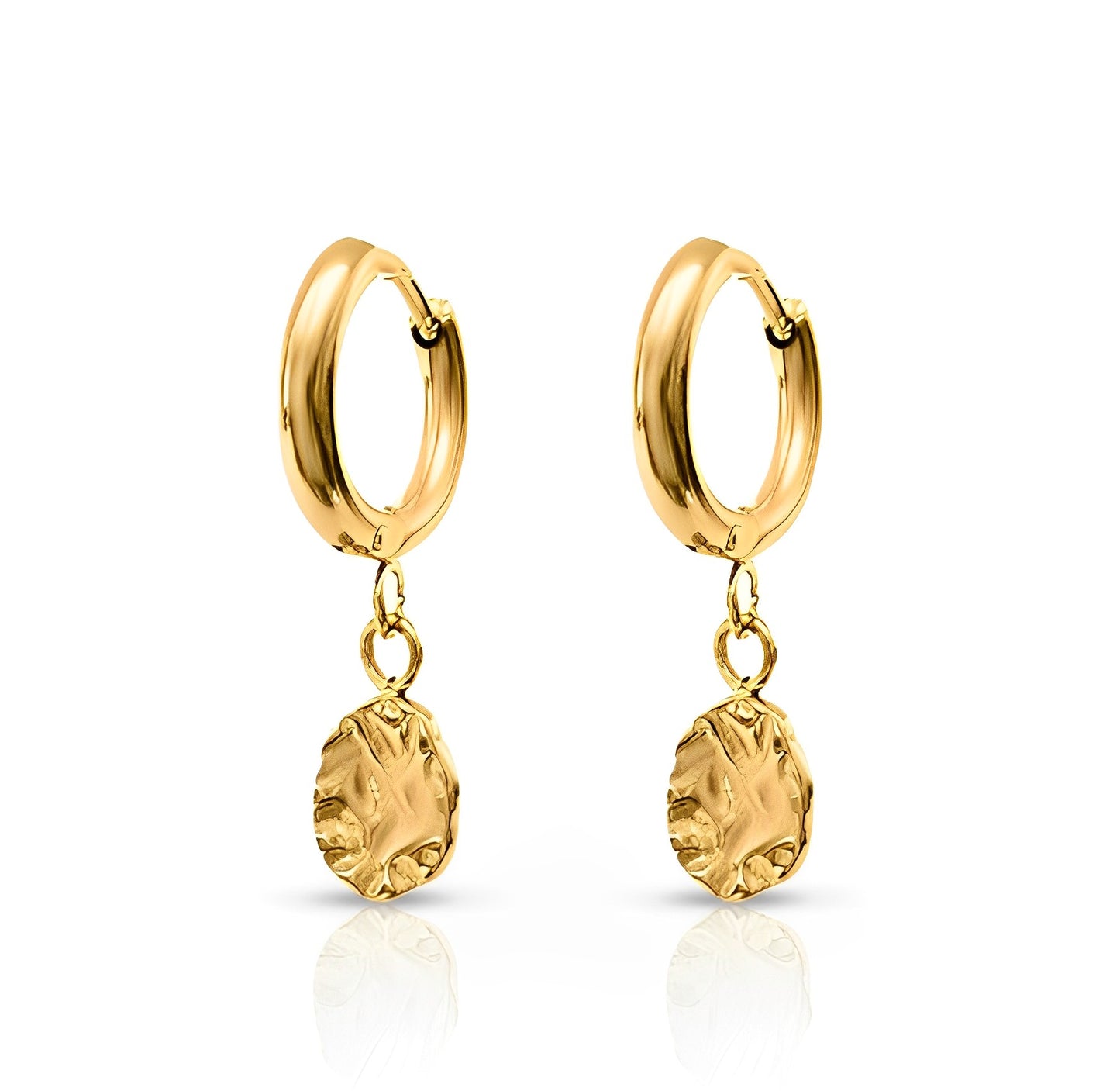 Front view of Harmony Gold Huggie Drop Earrings on white background – sweatproof and anti-tarnish.