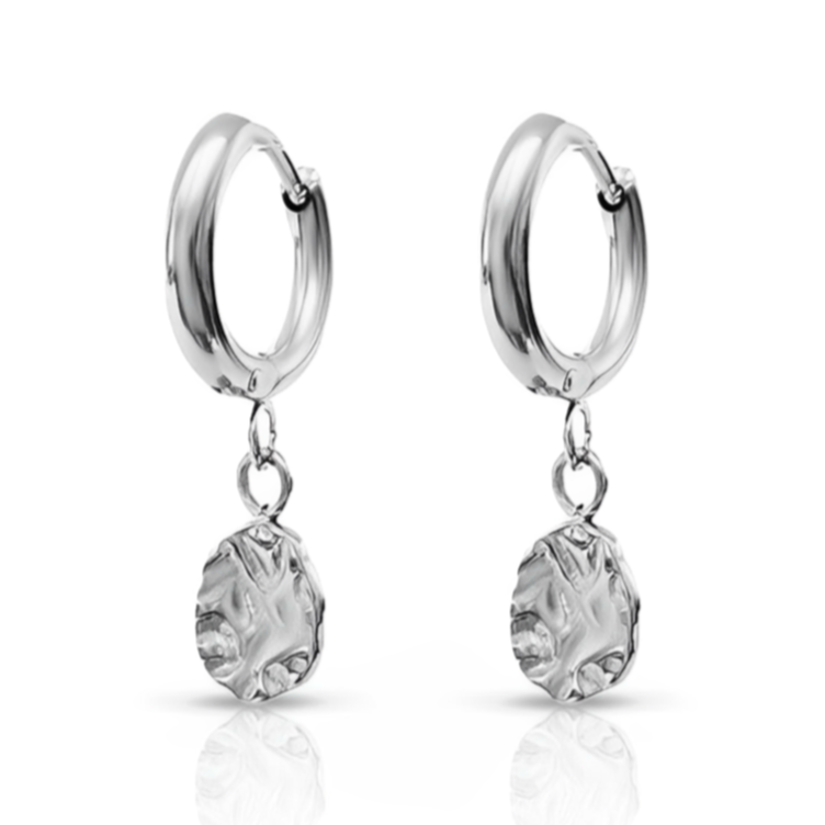 Harmony Silver Huggie Earrings – waterproof silver huggies with textured disc charms