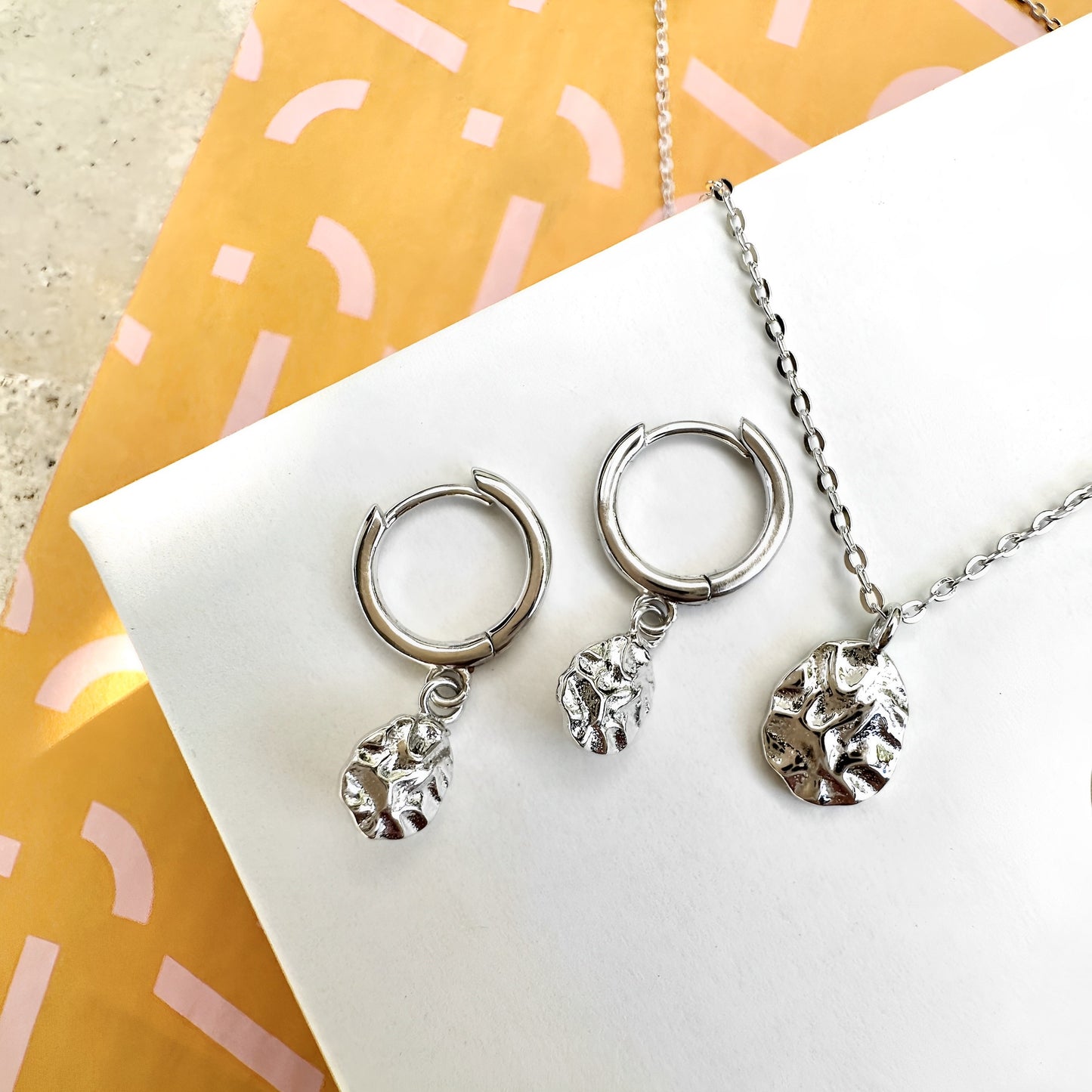 Harmony Silver Necklace and matching earrings displayed on branded card – waterproof, anti-tarnish silver gift set