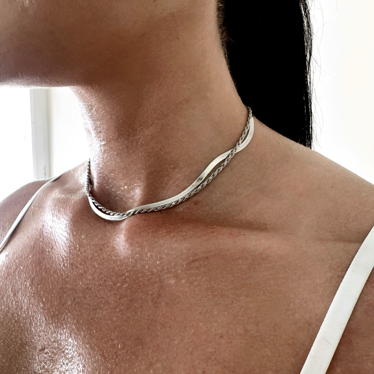 Sidewalk Silver Necklace styled with a white singlet – minimal everyday look