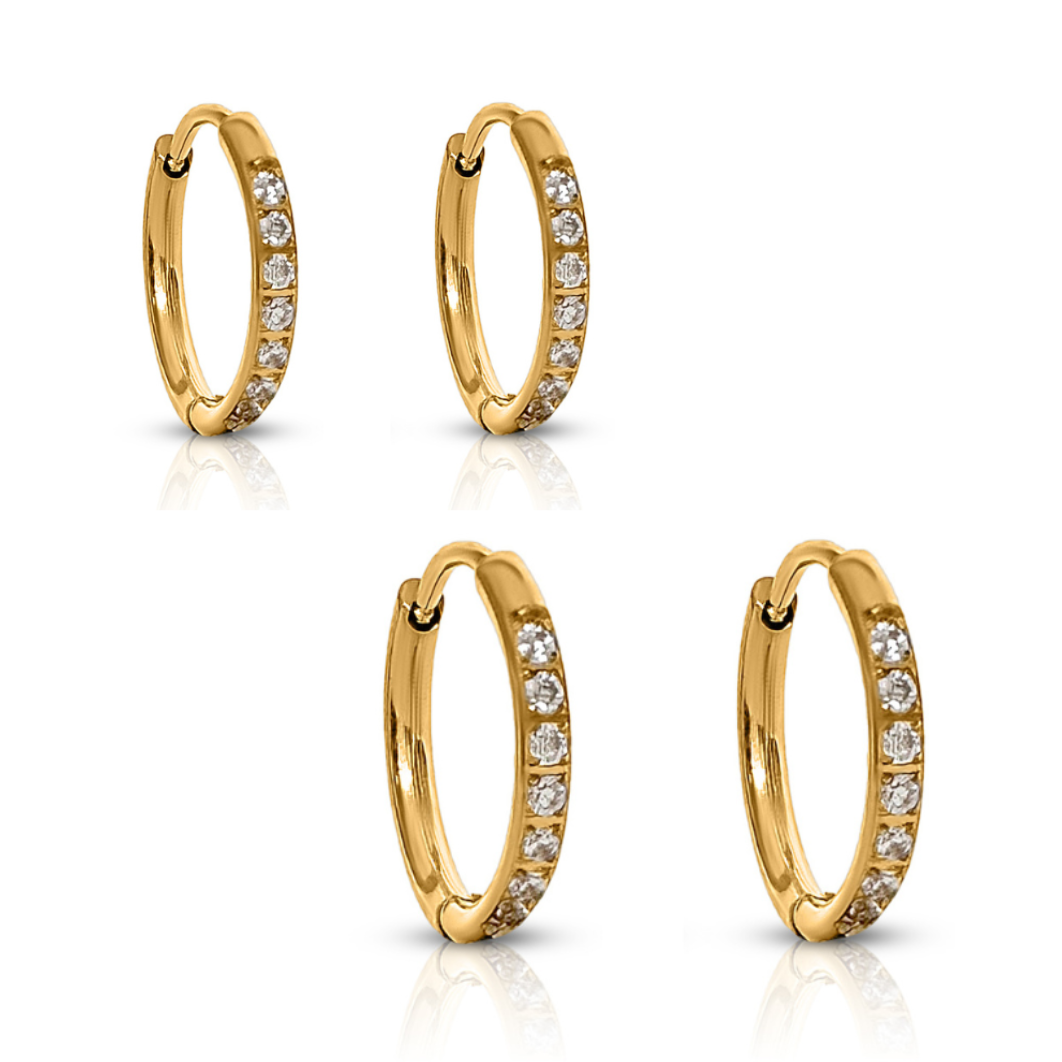 Transition Sleeper Gold Earrings Bundle – 8mm and 10mm gold huggies with crystal detail on white background
