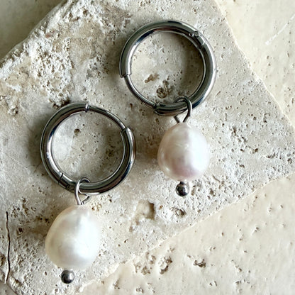 After Dark Silver Pearl Hoop Earrings
