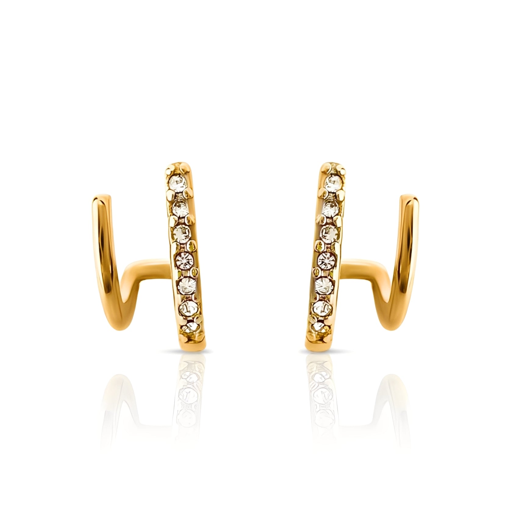 Gold hoop earrings with embedded stones on a white background