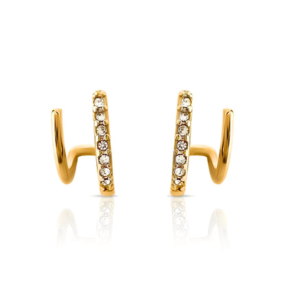 Gold hoop earrings with embedded stones on a white background
