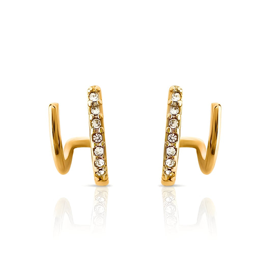 Gold hoop earrings with embedded stones on a white background
