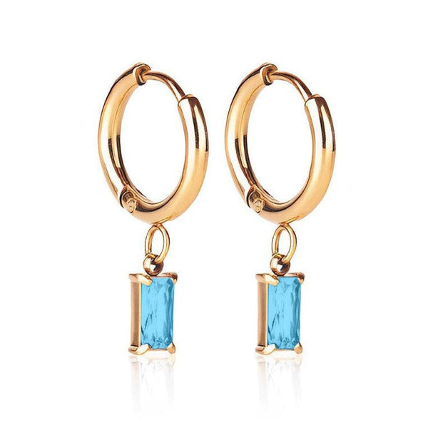 Luxe Gold Drop Earrings Aquamarine - waterproof gold huggie with aquamarine cubic zirconia drop - EVER Jewellery Australia