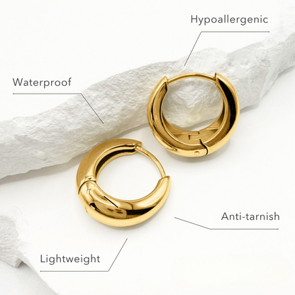 Gold hoop earrings on a white background with text labels indicating features.