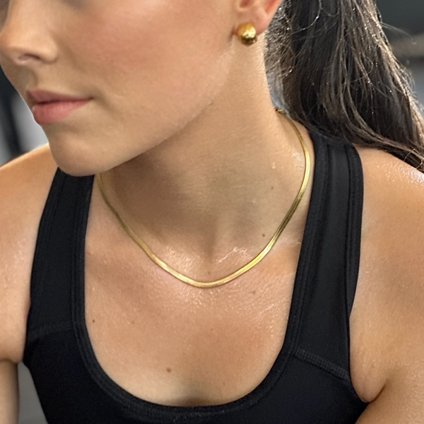 Sidewalk Gold Necklace worn during active lifestyle - waterproof sweat-proof gold necklace - EVER Jewellery Australia