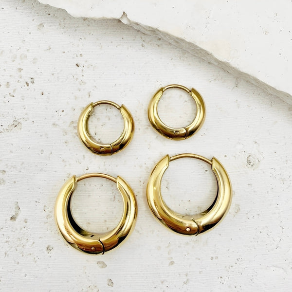 Empire Hoop Earrings flat lay two sizes - waterproof gold hoop earrings Australia - EVER Jewellery