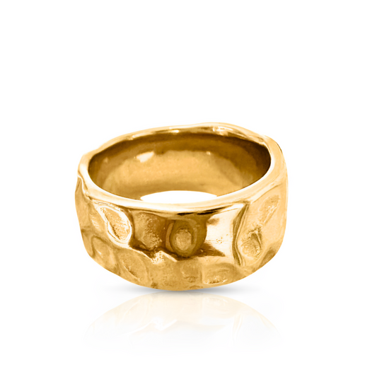 Studio image of the EVER Brooklyn Ring in gold, featuring a wide band with organic textured detailing.