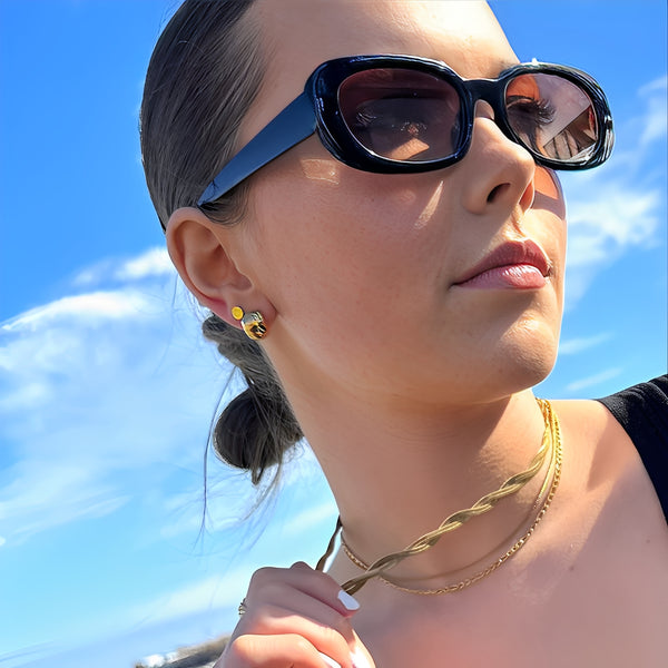 Movement Stud Earrings styled - waterproof gold studs worn everyday workout to dinner - EVER Jewellery Australia
