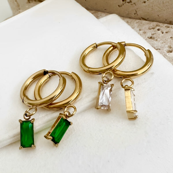 Luxe Gold Drop Earrings Emerald flat lay - waterproof anti-tarnish emerald gold drop earrings Australia - EVER Jewellery