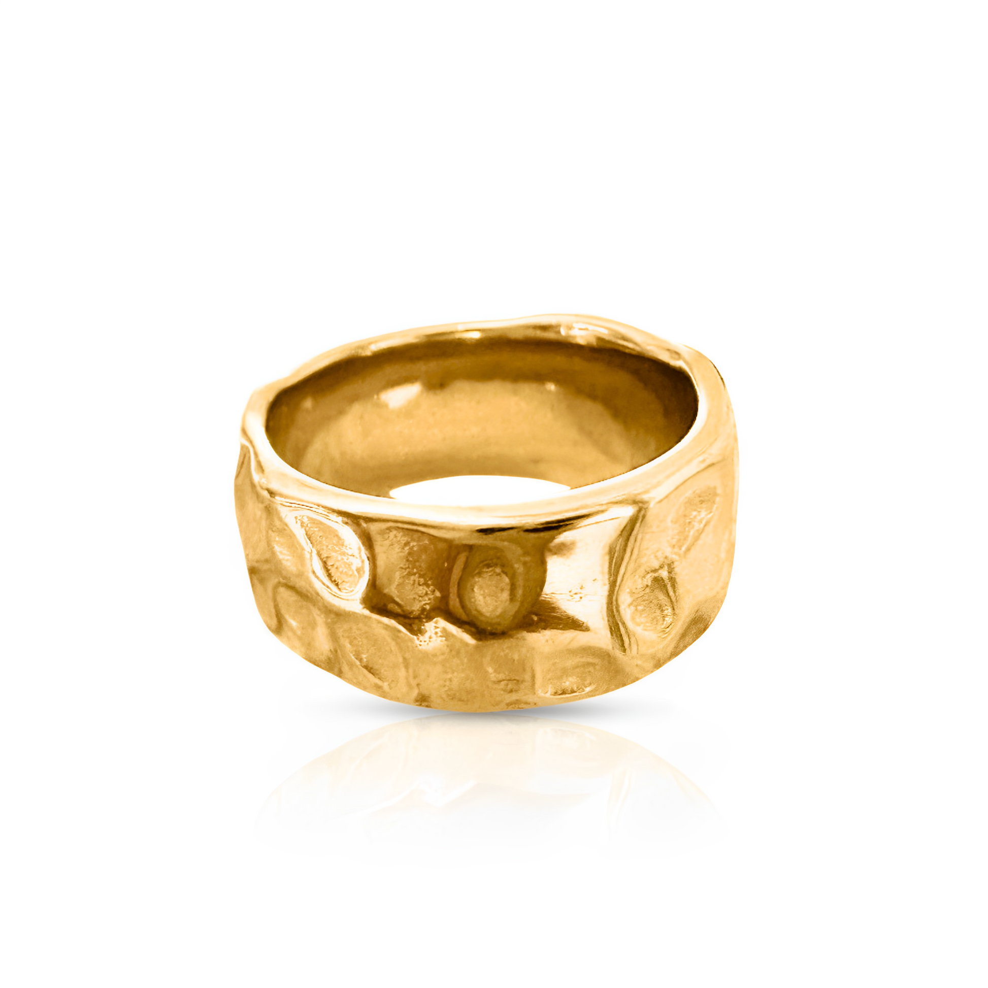 Studio image of the EVER Signal Ring in gold, featuring a wide band with organic textured detailing.