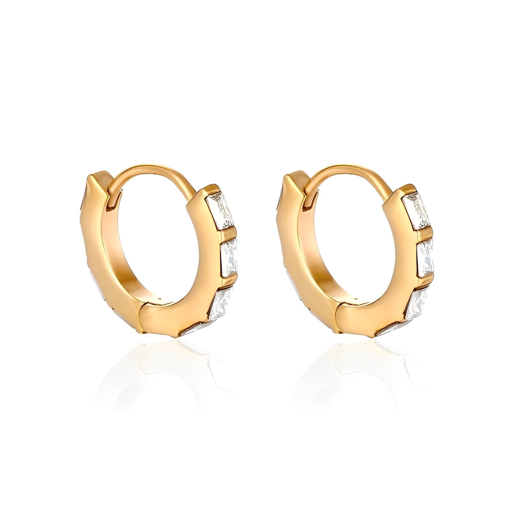 Gold hoop earrings with embedded stones on a white background