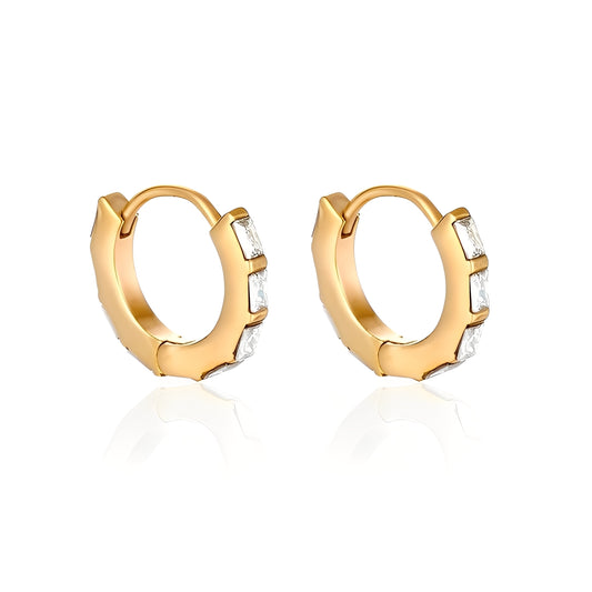 Gold hoop earrings with embedded stones on a white background
