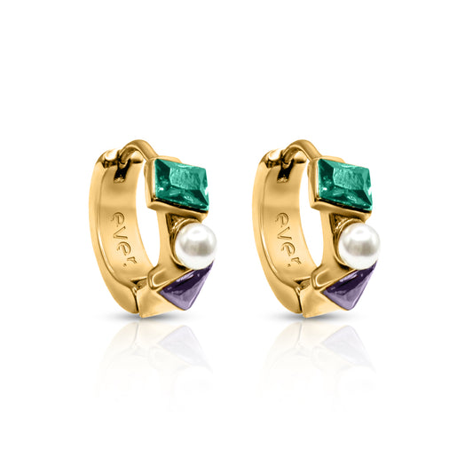 Gold hoop earrings with green, purple, and pearl accents on a white background