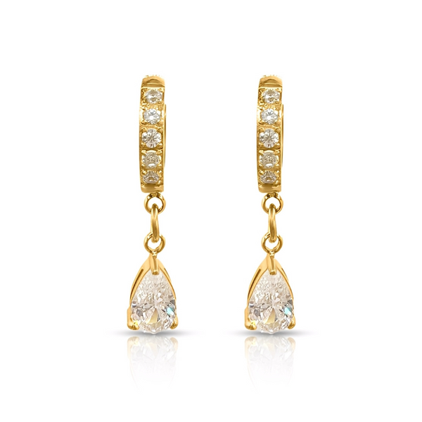 Gold earrings with teardrop-shaped gemstones on a white background
