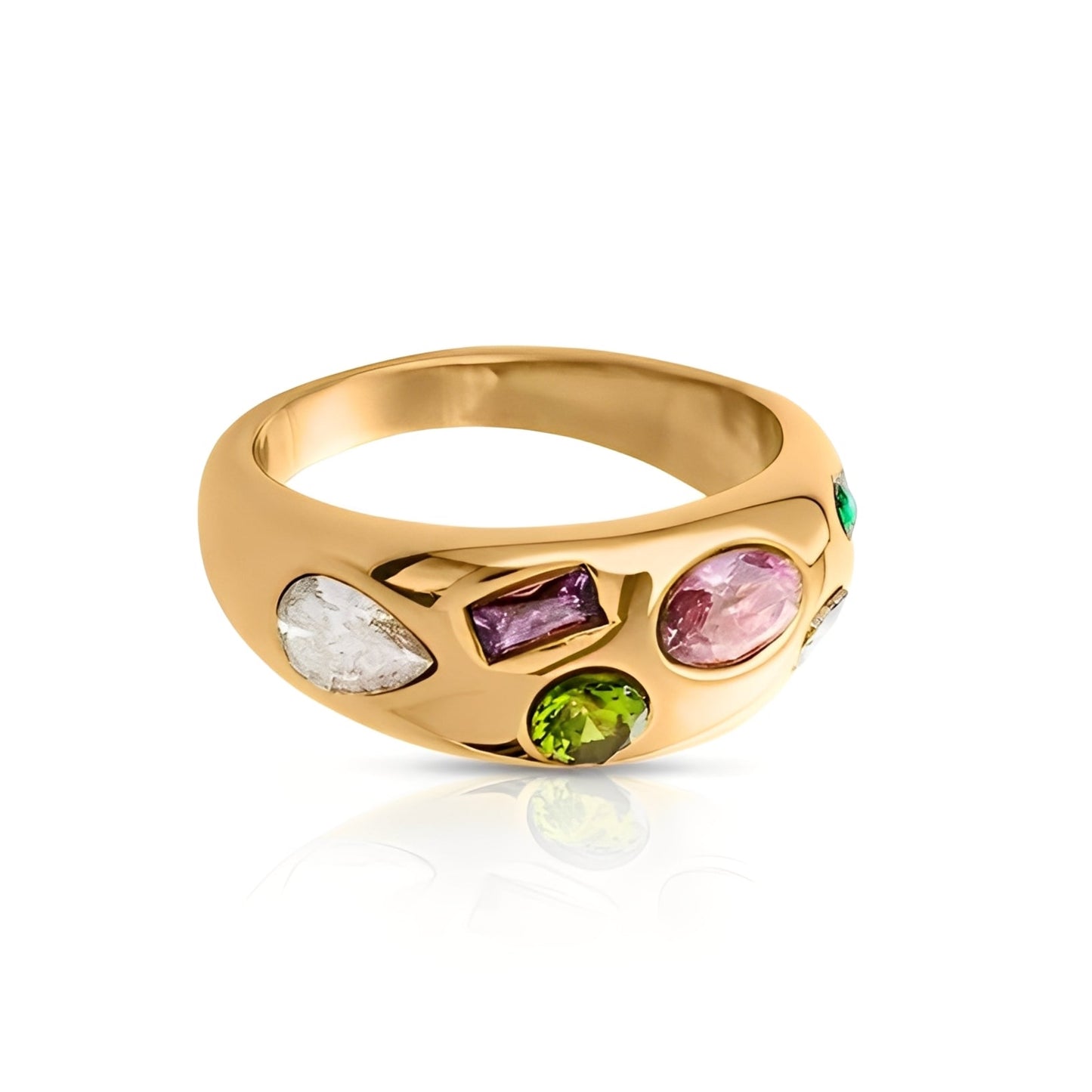 Gold ring with multicolored gemstones on a white background