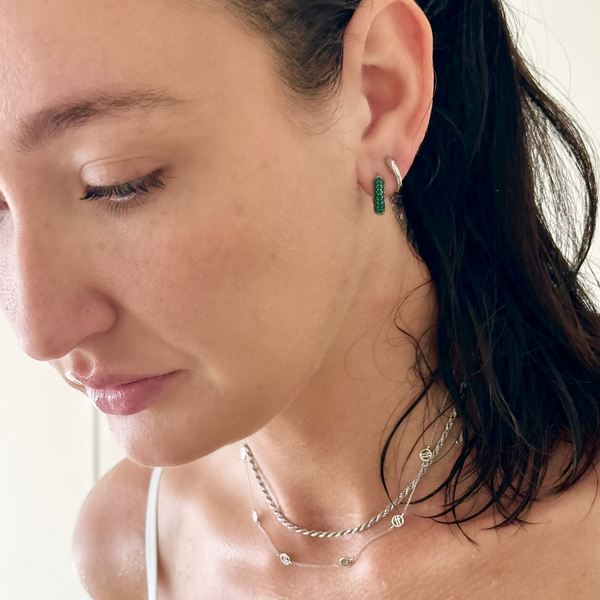 gravitate-silver-emerald-huggie-earrings-lifestyle-worn-ever-jewellery