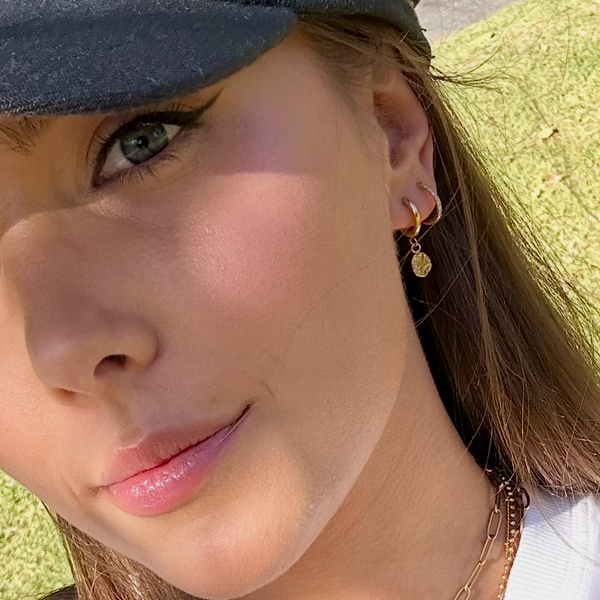 Harmony Gold Huggie Earrings styled - waterproof anti-tarnish huggie earrings - EVER Jewellery