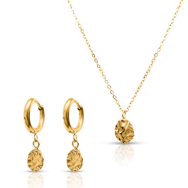 Harmony gold huggie earrings and pendant necklace bundle on white background — EVER Jewellery Australia