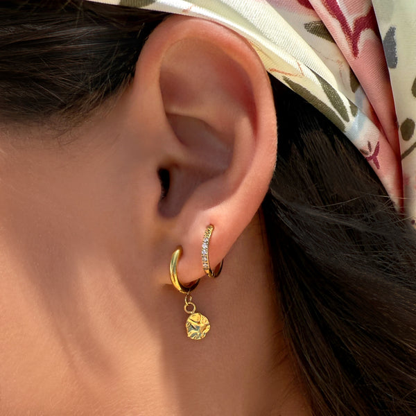 Transition Gold Huggie Earrings ear stack - waterproof gold huggie earrings styled - EVER Jewellery