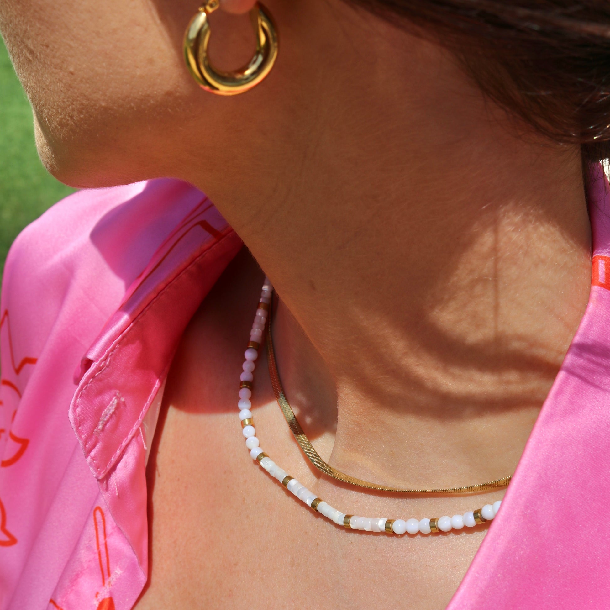 Layered Horizon Necklace and Sidewalk Gold Necklace on model – waterproof, sweat-proof, and anti-tarnish jewellery by Ever Jewellery