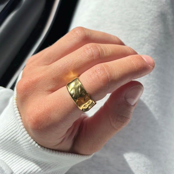 Brooklyn Ring square dome close up - waterproof 18k gold plated stainless steel sculptural ring - EVER Jewellery