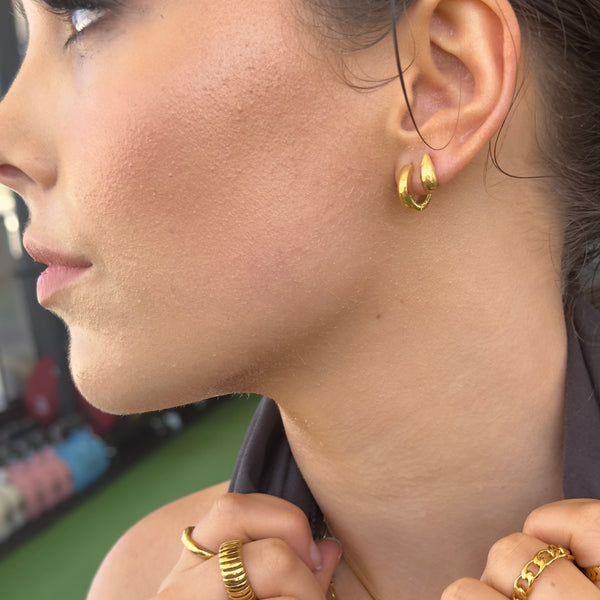 Trackside Gold Huggie Earrings stacked with Transition Huggies - waterproof gold ear stack - EVER Jewellery Australia