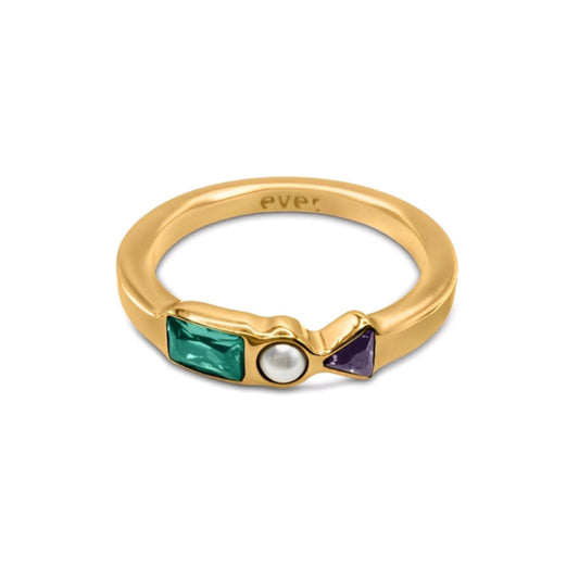 Gold ring with green, white, and purple gemstones on a white background