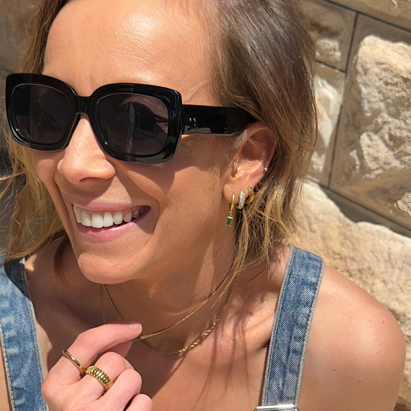 Luxe Gold Drop Earrings Emerald styled  with Gravitate Hoop - waterproof huggie emerald cubic zirconia - EVER Jewellery Australia