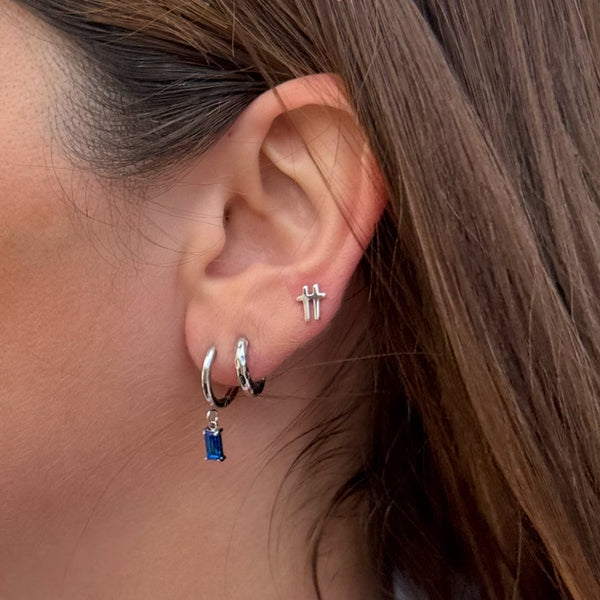Luxe Silver Drop Earrings Sapphire stacked - waterproof silver huggie with sapphire cubic zirconia - EVER Jewellery Australia
